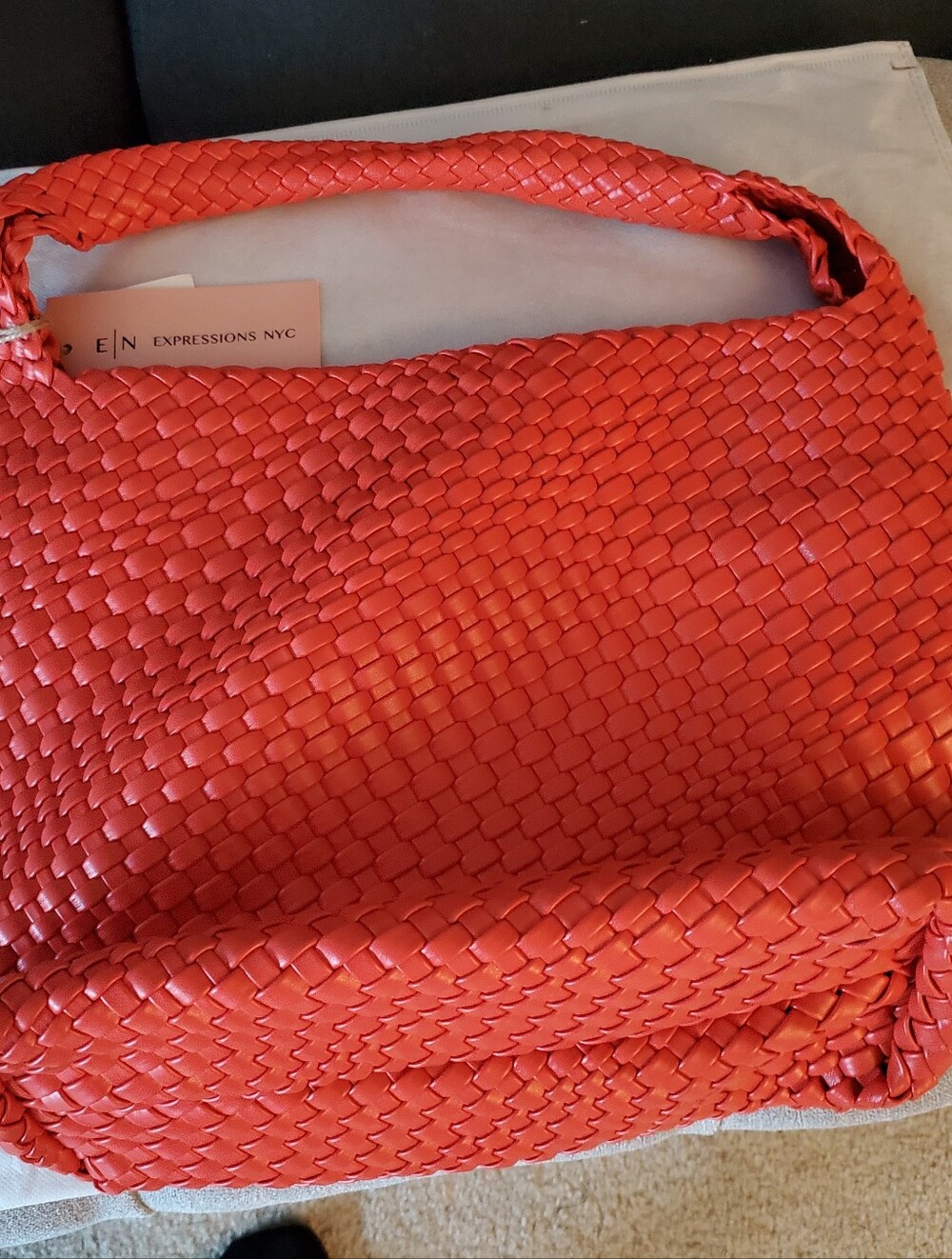 Orange Woven Vegan Leather Shoulder Bag with Matching Pouch. NWT - Picture 2 of 8